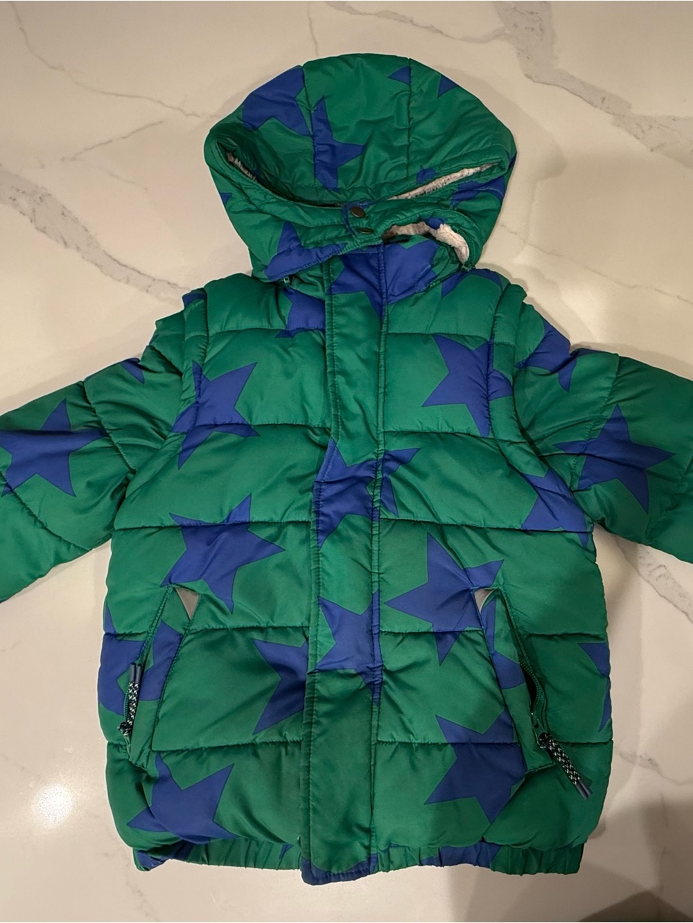 Boden Green Puffer Jacket with Blue Star Print